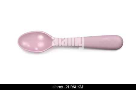 Rosa Plastiklöffel isoliert auf weißem Hintergrund . Babylöffel. Stockfoto