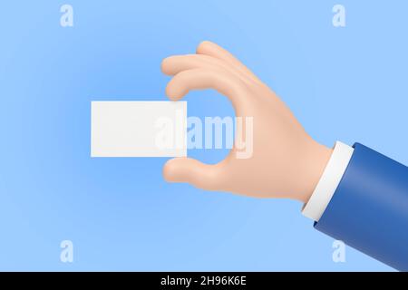 Cartoon-Hand zeigt eine leere Visitenkarte. 3D Abbildung. Stockfoto