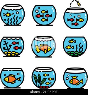 Aquariumbecken Einfache Farbsymbole, verschiedene Arten von Aquarien mit Pflanzen und Fischen. Flache Vektorabbildungen isoliert auf Weiß. Stock Vektor