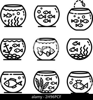 Aquariumbecken umreißen Icons Set, verschiedene Arten von Aquarien mit Pflanzen und Fischen. Vektorgrafiken auf Weiß isoliert. Stock Vektor