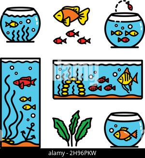 Aquariumbecken Einfache Farbsymbole, verschiedene Arten von Aquarien mit Pflanzen und Fischen. Flache Vektorabbildungen isoliert auf Weiß. Stock Vektor