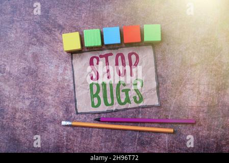 Textunterschrift mit „Stoppt Fehler“. Geschäftsidee loszuwerden ein Insekt oder ähnliche kleine Kreatur, die Blut saugt Denken Neue helle Ideen erneuern Stockfoto