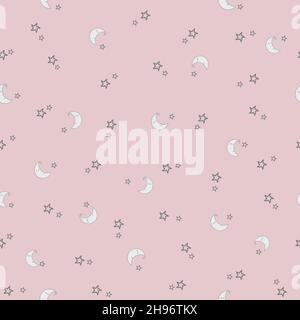 Sterne- und Mondmuster. Das nahtlose Muster des Babys mit lächelndem, gleitendem Mond und Sternen auf dem Hintergrund von Pastell Pink. Vektorgrafik Stock Vektor