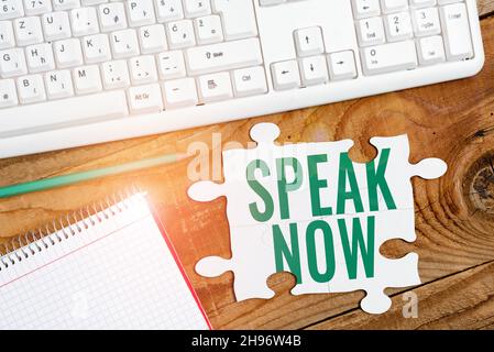 Textschild mit der Anzeige „Jetzt sprechen“. Geschäftsübersicht Verstehen Sie uns Ihre Gefühle und Informationen Voice Out Building an Unfinished White Jigsaw Pattern Stockfoto