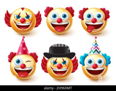 Emoji Clowns Zeichensatz. Emojis Geburtstagsfiguren in lustigen und beängstigenden Gesichtern isoliert auf weißem Hintergrund für Party Clown Emoticon. Stock Vektor