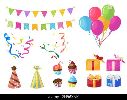 Geburtstagsfeier Elemente Vektor gesetzt. Flache Objekte wie bunte Luftballons, Wimpel und Geschenke, die auf weißem Hintergrund isoliert sind, sorgen für Überraschungen. Stock Vektor