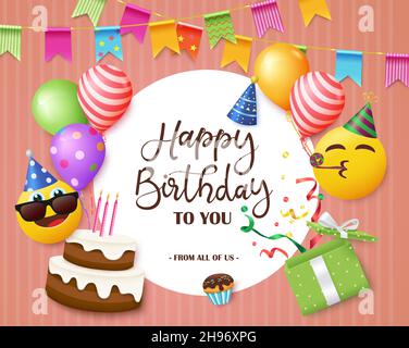 Geburtstagsgruß Vektor Vorlage Design. Happy Birthday to you Text mit bunten Feiern Elemente und Smiley Gesichter für Geburtstagsparty. Stock Vektor