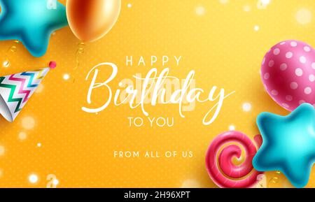 Geburtstagsgruß Vektor-Design. Alles gute zum Geburtstag, um Sie Text in gelbem Hintergrund mit bunten Form und Muster Ballons Element für Geburtstagsparty. Stock Vektor