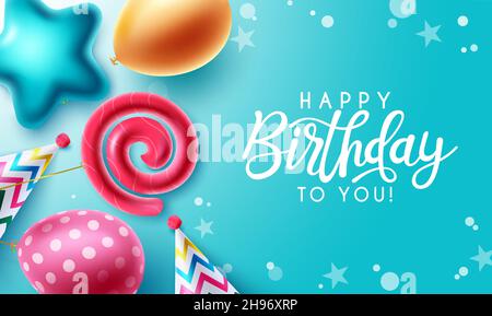 Geburtstagsgruß Vektor-Design. Happy Birthday to you Text mit bunten Form Ballons und Muster Hüte Element in blauem Hintergrund für den Geburtstag. Stock Vektor