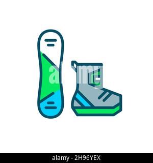 Snowboard und Stiefel. Winter Freizeit Extremsportausrüstung. Pixel perfekt, editierbare Kontur farbenfrohes Symbol Stock Vektor