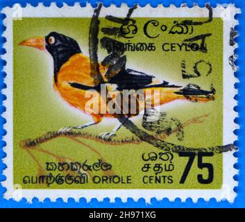 Foto einer alten gebrauchten Briefmarke aus Ceylon mit einer schwarzen Kapuze Oriole Oriolus xanthornus Vogelillustration Stockfoto