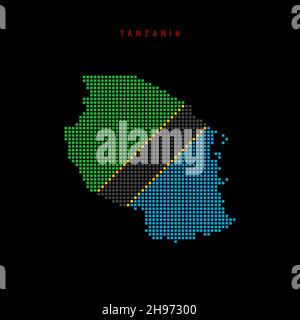 Karte mit quadratischem Punktmuster von Tansania. Tansanische gepunktete Pixelkarte mit Nationalflaggenfarben isoliert auf schwarzem Hintergrund. Vektorgrafik. Stock Vektor