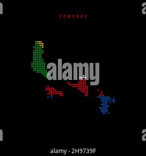 Karte mit quadratischem Punktmuster von Komoren. Union der Komoren gepunktete Pixelkarte mit Nationalflaggenfarben isoliert auf schwarzem Hintergrund. Vektorgrafik. Stock Vektor