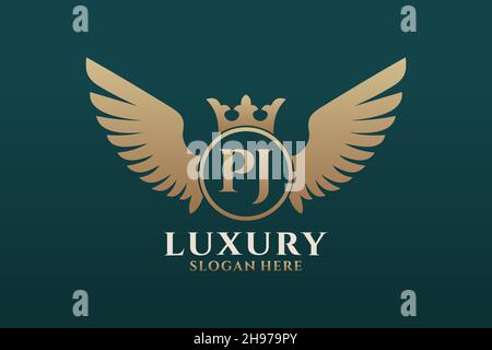Luxus Royal Flügel Buchstaben PJ Wappen Gold Farbe Logo Vektor, Victory Logo, Wappen Logo, Flügel Logo, Vektor-Logo . Stock Vektor