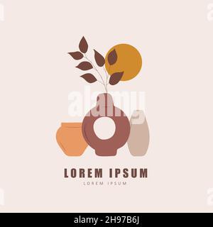 Poster mit Vasen im Boho-Stil. Abstrakte Silhouette aus Keramik-Töpfen und Tonkrügen in Pastellfarben. Moderne Wandgestaltung. Handgezeichneter Vektor Stock Vektor