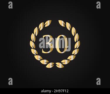 30th Anniversary Ring Logo-Vorlage. 30th Jahre Jubiläumslogo mit goldenem Ring isoliert auf schwarzem Hintergrund, für Geburtstag, Jubiläum und Gesellschaft Stock Vektor