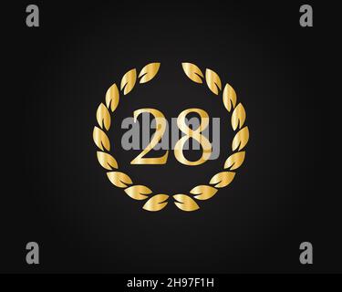 28th Anniversary Ring Logo-Vorlage. 28th Jahre Jubiläumslogo mit goldenem Ring isoliert auf schwarzem Hintergrund, für Geburtstag, Jubiläum und Gesellschaft Stock Vektor