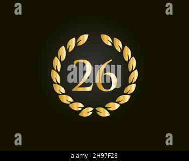 26th Anniversary Ring Logo-Vorlage. 26th Jahre Jubiläumslogo mit goldenem Ring isoliert auf schwarzem Hintergrund, für Geburtstag, Jubiläum und Gesellschaft Stock Vektor