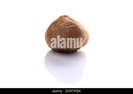 Fermentierter schwarzer Knoblauch auf weißem Hintergrund Stockfoto