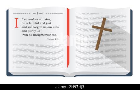 Die besten Bibelverse, die man sich merken sollte - 1 Johannes 1:9 über Vergebung. Heilige Schrift inspirierende Sprüche für Bibelstudien und christliche Websites, illustrat Stockfoto