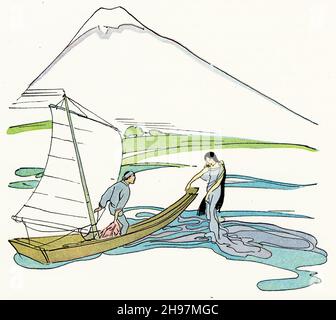 Malerische Illustration des traditionellen Lebens in Japan, mit einem Fischer, der an Land kommt, um eine Frau zu treffen, mit dem Berg Fuji im Hintergrund; veröffentlicht um 1928 Stockfoto