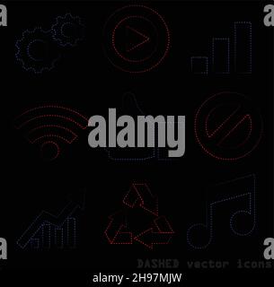 Farbige gestrichelte Linienvektorsymbole werden isoliert auf schwarzem Hintergrund gesetzt. Symbole Vektordarstellung, Vektorsymbole Sammlung, gestrichelte Umrisse Stock Vektor