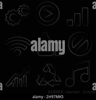 Gestrichelte Linienvektorsymbole werden isoliert auf schwarzem Hintergrund gesetzt. Symbole Vektordarstellung, Vektorsymbole Sammlung, gestrichelte Umrisse Stock Vektor