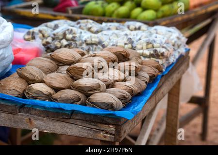 Köstlicher, mit Palmblättern bedeckter Zucker aus Jagery oder Palmzucker zum Verkauf auf dem Markt. Selektiver Fokus Stockfoto