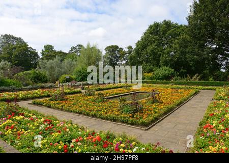 Der formelle Gartenbereich des Horniman Museum and Gardens in London mit vielen einjährigen und vielen Dahlien in Blüte. Stockfoto