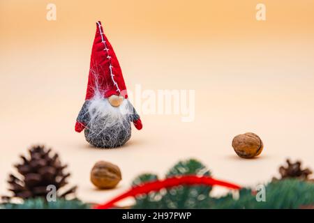 Lustige Postkarte mit einem Zwerg und Tannenzweigen sowie Platz für die eigene Botschaft zum Advent oder zur Weihnachtszeit Stockfoto