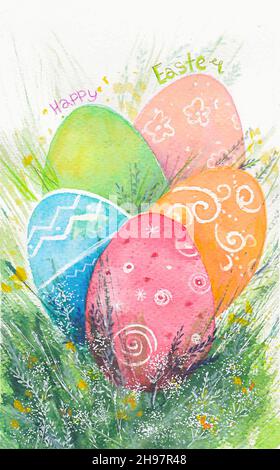 Ostereier Aquarell Illustration. Eier auf einer Wiese im Gras und Blumen. Stockfoto