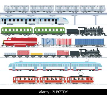 Satz von modernen Personenzügen, U-Bahn-Verkehr, Hochgeschwindigkeitszüge und U-Bahn, Straßenbahn, Güterzug - Illustration Stock Vektor