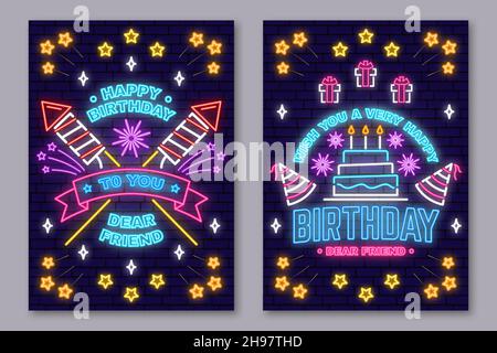 Wünschen Ihnen ein sehr glückliches Geburtstag liebe Freund Neon-Schild. Karte, Flyer, Poster mit Geburtstagshut, Feuerwerk und Kuchen mit Kerzen. Vektor. Neondesign für Stock Vektor