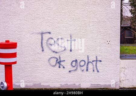 Hydrant vor einer weißen, mit Graffiti bedeckten Gebäudewand mit der deutschen Aufschrift „Test ok geht“. Stockfoto