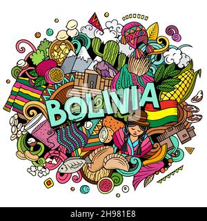 Bolivien handgezeichnete Cartoon Doodle Illustration. Lustiges bolivianisches Design. Kreativer Vektorhintergrund. Handgeschriebener Text mit lateinamerikanischen Elementen und o Stock Vektor