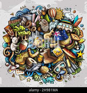 Australien handgezeichnete Cartoon Doodle Illustration. Lustiges australisches Design. Kreative Vektor-Hintergrund mit Ozeanien Land Elemente und Objekte. Farbe Stock Vektor