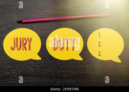 Konzeptionelle Darstellung Jurypflicht. Wort geschrieben auf Verpflichtung oder eine Zeit des Handelns als Mitglied einer Jury vor Gericht Neue Idee frisches Konzept Creative Stockfoto