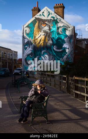 Alter Mann auf Bank vor Einem Wandbild einer Adlereule von Tech Moon in Boscombe im Herbst Stockfoto