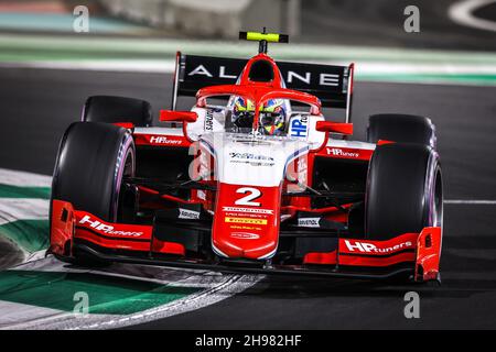 02 Piastri Oscar (aus), Prema Racing, Dallara F2, Aktion während des Laufs 7th der FIA Formel 2 Meisterschaft 2021 vom 3. Bis 5. Dezember 2021 auf dem Jeddah Corniche Circuit, in Jeddah, Saudi-Arabien - Foto: Diederik Van der Laan/DPPI/LiveMedia Stockfoto