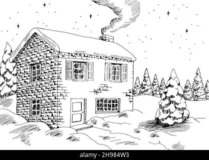 Winterhaus außen Grafik schwarz weiß Tannenbaum Landschaft Skizze Illustrationsvektor Stock Vektor