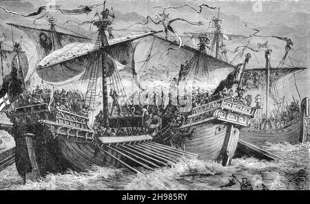 Eine Illustration der Schlacht von Sluys aus dem späten 19th. Jahrhundert, auch bekannt als die Schlacht von l'Écluse, einer Seeschlacht, die am 24. Juni 1340 zwischen England und Frankreich ausgetragen wurde. Sie fand an der Straßenstraße des Hafens von Sluys zwischen Zeeland und Westflandern statt. Die englische Flotte von 120–150 Schiffen wurde von Edward III. Von England angeführt und besiegte die 230 Mann starke französische Flotte durch den bretonischen Ritter Hugues Quiéret, Admiral von Frankreich, und Nicolas Béhuchet, Constable von Frankreich. Die Schlacht war eines der Eröffnungstermine des Hundertjährigen Krieges. Stockfoto