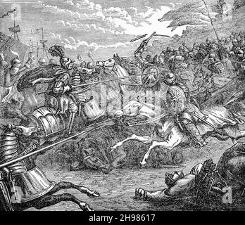 Eine Illustration der Schlacht von Pinkie aus dem späten 19th. Jahrhundert, auch bekannt als die Schlacht von Pinkie Cleugh, die am 10. September 1547 am Ufer des Flusses Esk in der Nähe von Musselburgh, Schottland, stattfand. Es war die letzte Schlacht zwischen Schottland und England vor der Union of the Crowns, Teil des als Rough Woing bekannten Konflikts und gilt als die erste moderne Schlacht auf den Britischen Inseln. Stockfoto