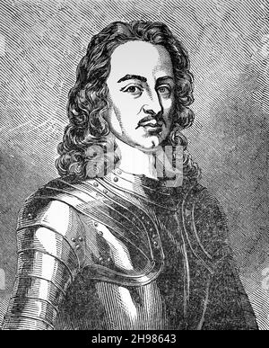 Ein Porträt von John Hampden (1595-1643) aus dem späten 19th. Jahrhundert, einem englischen Grundbesitzer und Politiker, dessen Opposition gegen willkürliche Steuern, die von Charles I. auferlegt wurden, ihn zu einer Nationalfigur machte. Er war ein Verbündeter des Parlamentsführers John Pym und Cousin von Oliver Cromwell und einer der fünf Abgeordneten, deren Verhaftung im Januar 1642 den ersten englischen Bürgerkrieg auslöste. Stockfoto