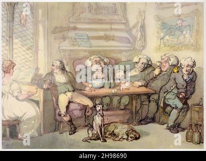 The Parsonage, c1780-1825. „Diese Zeichnung des Pfarrhauses ist energisch, emphatisch, und man könnte sagen, brillant auf Rowlandsons beste Art und Weise. Er gibt uns eine Vorstellung von den luxuriösen Gewohnheiten der oberen Klassen in England jener Zeit. Bei dieser Art von Thema ist es schwierig, eine Trennlinie zwischen Ernsthaftigkeit und Humor zu etablieren, Denn die Szene ist nur eine von vielen, in denen die kultivierten Materialien echtes Material für die Themen von Rowlandsons phantasievollem und fruchtbaren Stift sind...Rowlandsons typische und konventionelle hübsche Dame erregt die Aufmerksamkeit ihres schneidigen Zauberers mit einer Auswahl auf dem Spinet, Stockfoto
