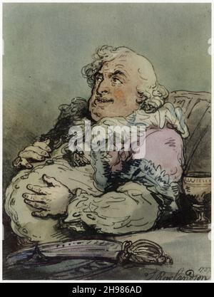 Unannehmlichkeiten eines Epikures, 1787. „nach verfügbaren Beschreibungen von Rowlandson ist dies ein Selbstporträt, natürlich übertrieben. Die temperamentvolle Zeichnung, die feine Verdichtung neutraler Farben und warmer Grautöne machen dies zu einem Meisterwerk in Rowlandsons Werk. Das ausgewogene Grün und Violett in der Kleidung, verstärkt durch den blumigen Andeutung von Rot im Gesicht, Geben Sie dem Thema das Leben auf die befriedigendste Art und Weise ... sicherlich schonte er sich nicht in dieser ehrliche Aufzeichnung der zufriedenen Selbstzufriedenheit ... wir sehen eine Fusion, die die eigene Interpretation des Künstlers seiner Persönlichkeit und eine Künstlerpersönlichkeit beinhaltet Stockfoto