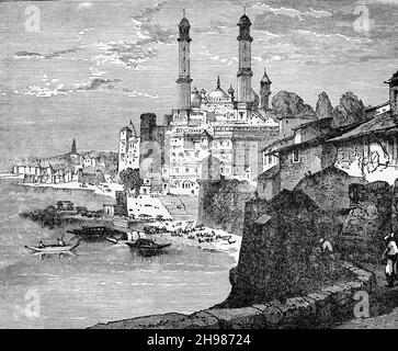 Eine Illustration aus dem späten 19th. Jahrhundert von Varanasi aka Benares, einer Stadt am Ufer des Flusses Ganges in Uttar Pradesh, Indien. Es ist ein wichtiges religiöses Zentrum in Indien, die heiligste der sieben heiligen Städte im Hinduismus und Jainismus und spielte eine wichtige Rolle bei der Entwicklung des Buddhismus und der Ravidassia. Stockfoto