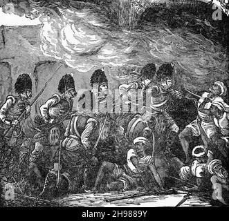 Ein Ende des 19th. Jahrhunderts Illustration der britischen Soldaten stürmen die Stadt Delhi während der Seige, Es war ein entscheidender Konflikt während der indischen Rebellion von 1857 gegen die Autorität der East India Company, in Nordindien. Die Niederlage der Rebellen war ein großer militärischer Rückschlag. Zweitens weigerte sich der alte Moghul-Kaiser Bahadur Shah II. Nach der britischen Reerobern von Delhi, den Kampf fortzusetzen, und obwohl die Rebellen immer noch große Gebiete behielten, gab es wenig Koordination zwischen ihnen und die Briten waren unweigerlich in der Lage, sie getrennt zu überwinden. Stockfoto