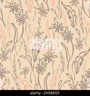 Nahtloses Vektormuster mit handgezeichneter Grasstruktur auf hellrosa Hintergrund. Dezarte Blumenwiese Tapete Design. Romantische florale Mode Textil Stock Vektor