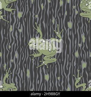 Nahtloses Vektor-Muster mit Baumfrosch auf strukturiertem braunen Hintergrund. Einfaches Tier Camouflage Tapetendesign. Dekorative Zoomode Textil. Stock Vektor