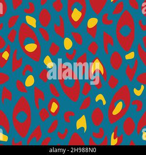 Nahtlose Vektormuster-Textur auf blauem Hintergrund. Abstraktes Tierfelltapete-Design mit hellen Farben. Einfache künstlerische Mode Textil. Stock Vektor